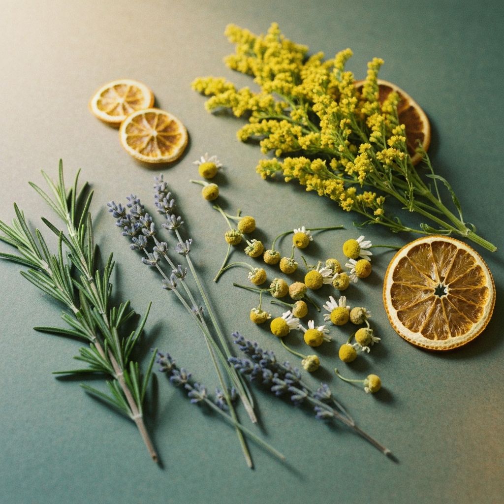 Fresh dried herbs and natural botanical ingredients arranged beautifully